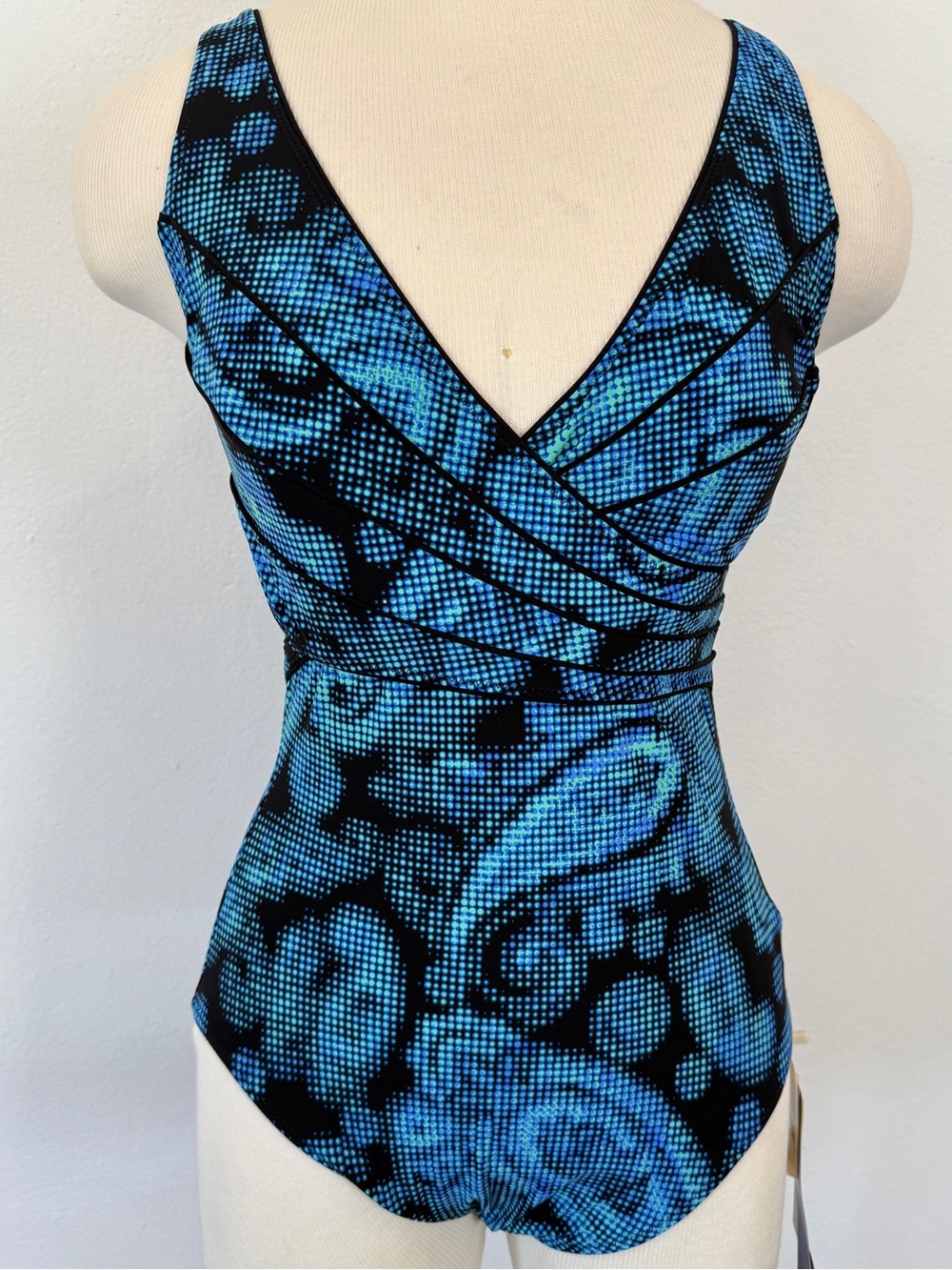 NWT Gottex Essential Size 8 Surplice Blue Black Geometric Dot One Piece Swimsuit